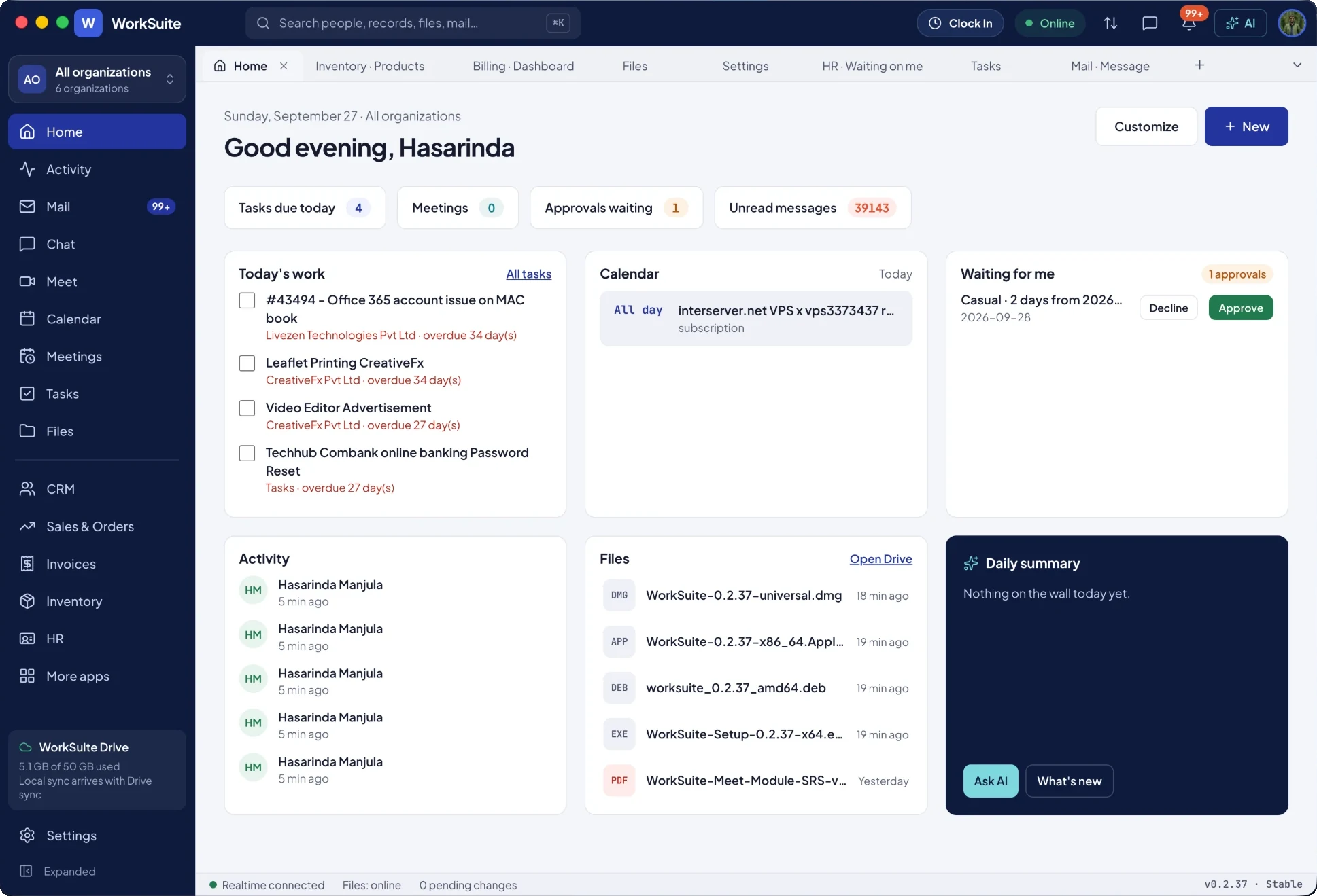 WorkSuite Desktop on macOS: the Home screen, with the app sidebar down the left, tiles for tasks due, meetings, approvals and unread messages, and panels for today's work, the calendar, what is waiting on you, activity and recent files.